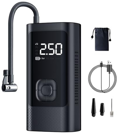 Gonfiatore Pneumatici per Auto,0.2-10.3 BAR Pompe Aria per Auto Moto Bici - Manometro Digitale Intuitivo, Luce LED, Alimentazione Senza Fili per Moto, Bici e Palloni