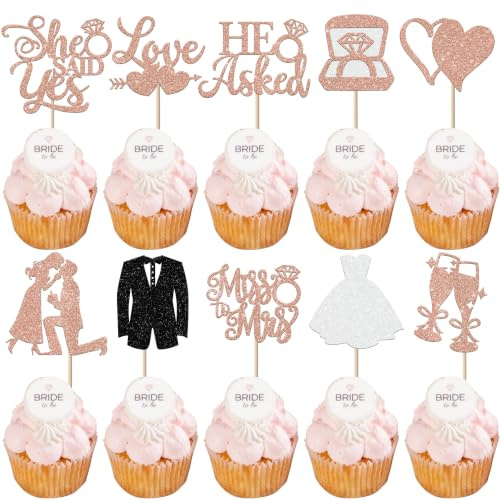 SYKYCTCY 30 Pack He Asked She Said Yes Cupcake Toppers Gold Glitter Diamond Ring Heart Love I Do Love Heart Ring Miss To Mrs Cake Picks for Wedding Engagement Party Cake Decorations Rosegold