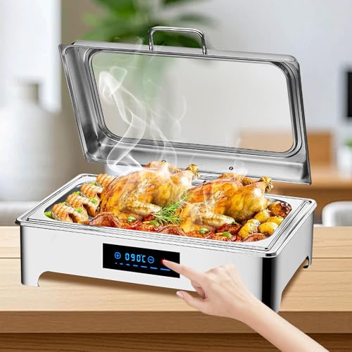VFDZ 9L Chafing Dish Electrico para Buffet con Toque Inteligente (1/3) | Calentador de Buffet Electrico , Calentador de Comida de Acero Inoxidable con Tapa de Cristal, Temperatura Ajustable 30-90℃
