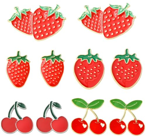 SUNNYCLUE 1 Box 10 Stück 5 Stile Erdbeer Emaille Anstecknadeln Rote Kirschbrosche Metalllegierung Sommerfrucht Erdbeeren Kirschen Reversbroschen Abzeichen Für Rucksack Kleidung Tasche Hut Zubehör