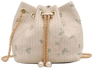 XFSRG Sac a Main Femme Fleurs Bohème d'Été Embrayage en Paille Tissée Clutch avec Chaîne pour Plage Fête Mariage Vacances(Blanc)