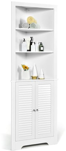 FANTASK Armadio alto in legno, mobile da bagno ad angolo con 3 ripiani aperti e 2 ante lamellari, armadietto ad angolo, per bagno, cucina e soggiorno, 45 x 45 x 173 cm (bianco)