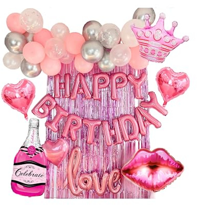 Vidal Crafts Pink Birthday Decorations – 71-Piece Happy Birthday Decorations with Latex, Foil & Confetti Balloons, Happy Birthday Banner & Foil Fringe Curtains for Fun Birthday Parties