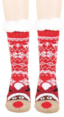 WeddHuis Calzettoni Donna Invernali, Calze Termiche Antiscivolo Donna, Natalizie con Disegno Animale e Motivo Cervo, Calze Natalizie in Maglieria con Pelo Interno, per Casa, Morbida e Calda