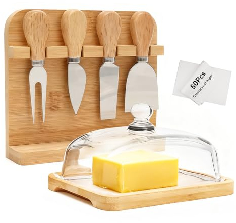 Mantequera de cristal con tapa y cuchillo, 50 hojas de papel para proteger la grasa, plato de mantequilla para encimera con soporte para cuchillos de queso (4 cuchillos)