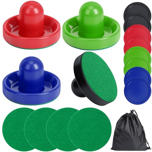 Coopay Air Hockey Paddles and Pucks, Air Hockey Pushers with Nylon Storage Bag, Goal Handles Paddles Replacement Accessories for Game Tables(4 Pushers 96mm with Pads, 8 Pucks 64mm)