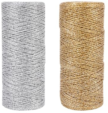 FSSTUD 2 Rolls 100 m x 1 mm Thin Metallic Twine String Gift Wrapping Thread Glitter Present Tag Strings Christmas Ornament Hanging Thread Jewelry Making Craft Cord Rope Golden and Silver