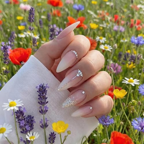 Almond Shaped Nail Tips With Natural Ombre Finish And Rhinestones - Long Coffin False Nails In Nude To Pink Gradient For Wedding Party And Daily Wear, 24PCS Reusable Stick On