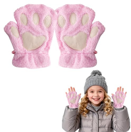 EQLEF Gant Chat Griffe, Gants Sans Doigts Mitaine Filles Patte de Chat Mignon Gants en Peluche D'hiver Chauds Gant Cosplay pour Enfants et Filles (Rose, 17cm)