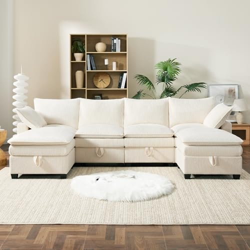 NuvlaGu L-Form Sofa mit Stauraum und USB-Ladestation, Wohnzimmer Couchgarnitur, Abnehmbarer Hocker, Modulares Ecksofa für Kleine Räume & Wohnung (Beige + Corduroy + 6 Seat)