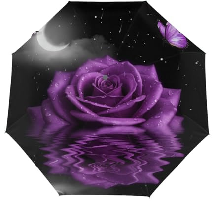 Drekrid Paraguas de viaje para lluvia, luz de luna y rosa morada, resistente al viento, compacto, automático, plegable, para niños y mujeres, bonito paraguas pequeño de apertura automática para