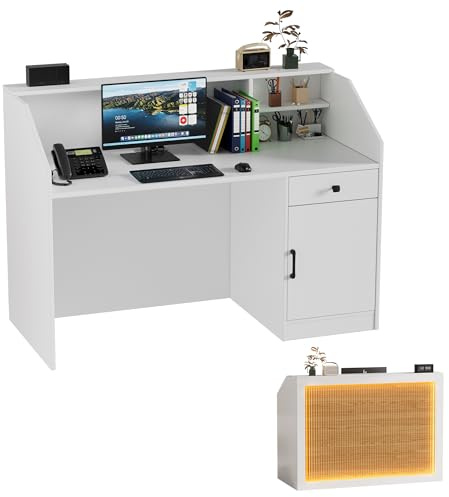 MSFE Mostrador Recepcion con LED,Mostrador de Recepción Grandes con Cajón Armario y Tomas de Corriente,Mostrador de Venta para Caja,Vestíbulo,Salón de Belleza,Oficina,Mueble de Recepción,140*60*110CM
