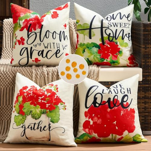 Waterproof Outdoor Cushion Covers Garden Floral Red Geranium Flower Pattern Outdoor Cushion Covers 20x20 inch Set of 4 Pillow Covers for Sofa Porch Bench Balcony Patio Furniture Tent Park Home Decor