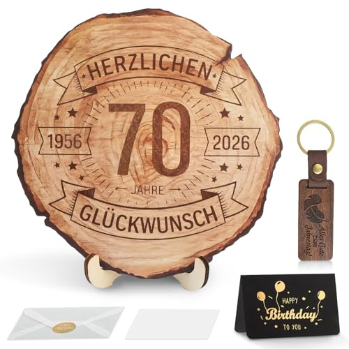 SneiDr Personalisierte Baumscheibe mit Gravur für 70. Geburtstag Frau Mann | Holzscheiben 20 cm Durchmesser aus Pappelholz mit Ständer Grußkarte Briefumschlag Schlüsselanhänger für Jahrestag Tischdeko