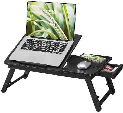 SONGMICS Table de Lit pour Ordinateur Portable, Support en Bambou et MDF, avec Trous de Ventilation, 55,5 x 35 x 30 cm, Noir Veiné, Collection Bambou LLD121B101