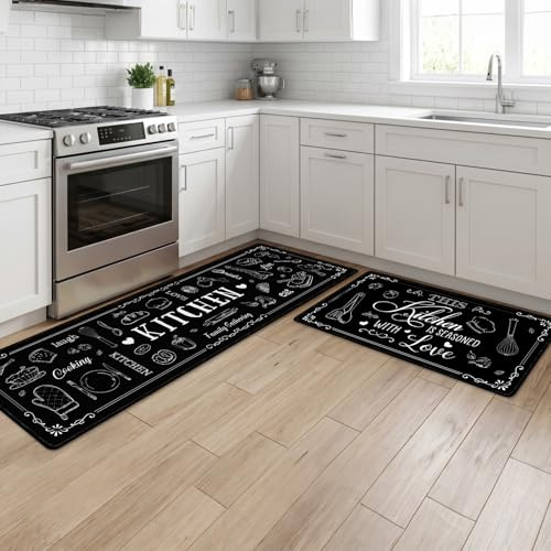 Luvart Kitchen Mats and Rugs Washable, Cooking Theme Kitchen Runners Non Slip Set of 2, Washable Large Rug Carpets for Home Standing Decoration(43x75 cm+43x150 cm)