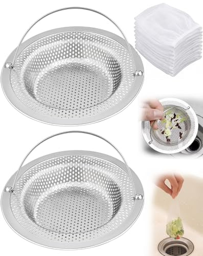 VLUNT 2Pcs Kitchen Sink Strainer Height 2cm 100 Disposable Sink Filter Nets | Stainless Steel Sink Drainer Basket with Handle Shower Hair Catcher Sink Food Catcher Anti-Clog Outer Diameter 11cm