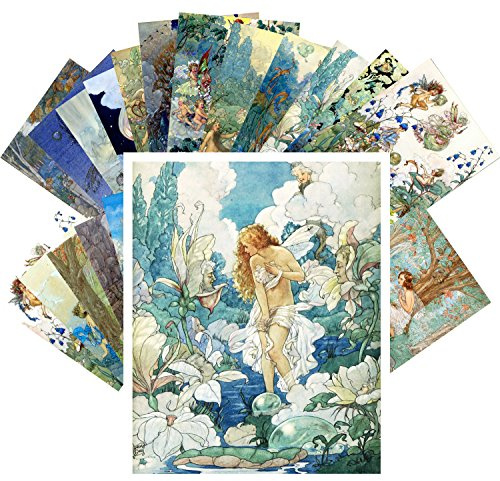 PIXILUV Vintage PostCards 24 pcs Fairy and Flowers Small Forest People