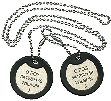 Graphotype™ Edelstahl Militärischen Erkennungsmarken: 2 runden personalisierten Erkennungsmarken im Armeestil und Kugelkette & Schalldämpfern