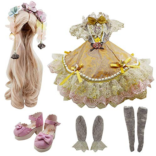 Set Rock Perücken Schuhe Socken Accessoires Vollständiger Satz für 1/3 BJD Dolls Ball Jointed Dolls 21-23inch 60cm (Flower)
