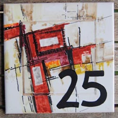 Targa Dipinta a Mano con Numero civico 25, Terracotta Smaltata, azulejos, 15 x 15 x 0,5 cm