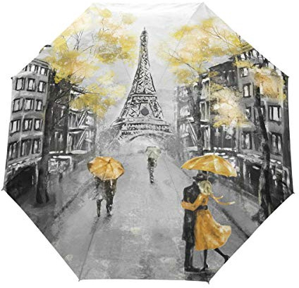 RXYY Ölgemälde Frankreich Paris Eiffelturm Gelb Liebhaber SBaumt Falten Auto Öffnen Schließen Regenschirm für Frauen Männer Jungs Mädchen Winddicht Kompakt Reise Leicht Regen Regenschirm
