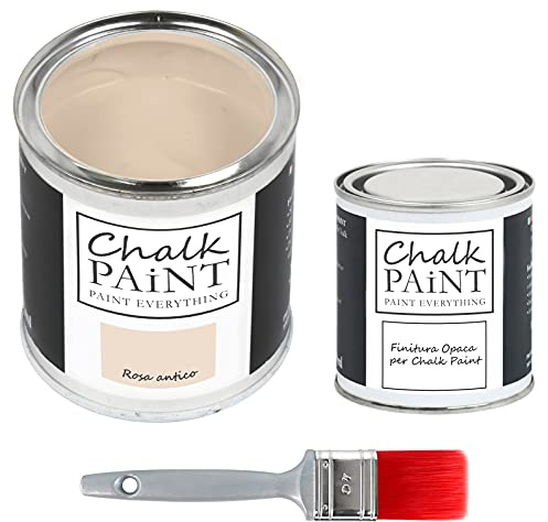 CHALK PAINT EVERYTHING Rosa Antico & FINITURA + PENNELLO - Kit Pronto Vernicia e Proteggi (750 ml Colore + 250 ml Finitura + Pennello Professionale 40 mm)