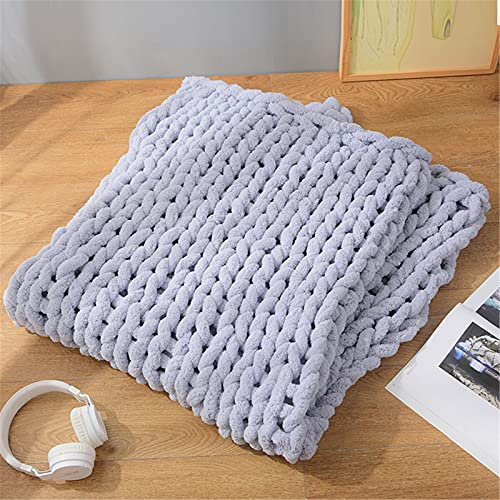 SWECOMZE Strickdecke,Decke Gestrickte Grobe Strickdecke Wolle Garn Handgefertigt Bett Stuhl Sofa warme weiche Decke Herbst-Winter-Kollektion (Hellgrau,80 × 100 cm)