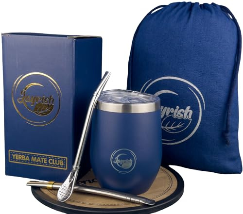Jayrish Kit Maté - Calebasse, 2 Bombillas, Tasse 355 ml en Acier Inoxydable 304, Brosse, Sac de Transport - Coffret Yerba Maté pour Expérience Sud-Américaine Authentique