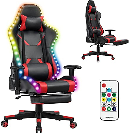 RELAX4LIFE 360° drehbarer Gaming Stuhl, Racingstuhl 358 LED-Lichtmodi, Bürostuhl mit Verstellbarer Armlehne & Rückenlehne & Fußstütze, PC Stuhl mit Lordosenstütze & Kopfstütze & Fernbedienung (Rot)