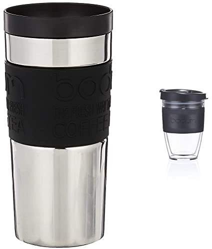 BODUM 11093-01 Screw-Top Vacuum Travel Mug, 0.35 L - Small, Black & 11889-01S JOYCUP Travel Mug, Double wall, 0.3 l, Black Band, Plastic