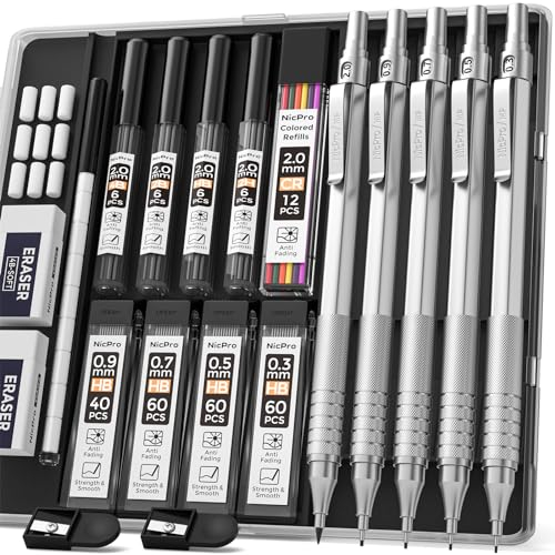 Nicpro Metal Mechanical Pencil Set, 5 PCS Art Drafting Pencils 0.3, 0.5, 0.7, 0.9 mm & 2mm Graphite Lead Holder For Sketching Drawing With 9 Tubes (4B 2B HB 2H Colors) Lead Refills Erasers Case