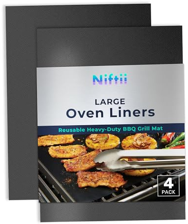 NIFTII Oven Liner - 4 Pack Heavy-Duty Non-Stick Teflon Liners for Bottom of Oven, Reusable, Easy-to-Clean Liners, Gas, Electric & Fan Ovens, BBQ Mats Suitable for Most Ovens and Cookers