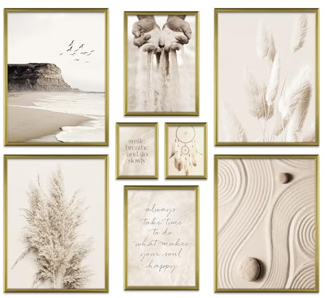 ARTFAVES® Poster Set - BEIGE DREAMS - mehrteilige Wanddeko Wohnzimmer & Schlafzimmer - 8 moderne Wandbilder Pampasgras, Meer, Strand, Achtsamkeit, Yoga - ohne Bilderrahmen