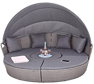 Enjoy Fit Poly Rattan Sonneninsel XL mit faltbarem Sonnendach Ø 210 cm inkl. Auflagen Kissen, Lounge Sonnenliege Gartenmuschel (Gray XL)