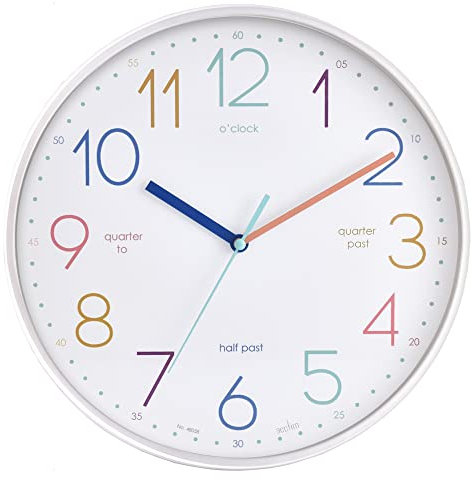 Acctim Afia, orologio da parete per bambini, con scritta Teaching, al quarzo, con marcatori trimestrali, colore: bianco, 30 cm