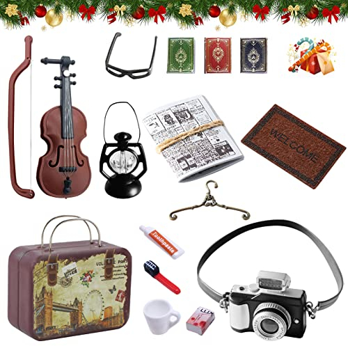 TOPJOWGA Miniatur Zubehör, 15Stück Miniatur Puppenhaus Set, Mini Puppenhaus Vintage Koffer Zahnpasta Zahnbürste Kamera Petroleumlampe Gitarre Bücher Brille Zeitung Seife, Miniatur Garten Haus Deko