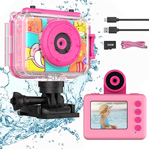 Ushining Appareil Photo Enfant Étanche, 1080P Caméra Vidéo d'action sous-Marine Enfant Appareil Photo Selfie Numérique avec Écran 2,0 Pouces Carte TF 32 Go, Cadeau pour Filles Garçons 3-12 Ans, Rose