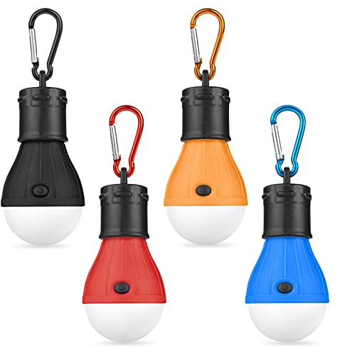 Flintronic 4 Stücke Camping Lampe LED Laterne Zeltlicht Glühbirne, Licht mit Karabiner, Notlicht, für Abenteuer, Angeln, Stromausfall Wasserdicht