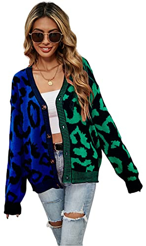 HEYPORK Damen Herbst Winter Warm Bequem Jacke Casual Mode übergangsjacke Mantel Frauen Leopardenmuster Pullover Strickpullover Strickjacke Mittellange Jacke