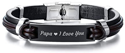 Banemi Edelstahl Armband Herren, Armband Leder Herren Schwarz Erkennungsmarke mit Gravur Papa I Love You Vatertagsgeschenk