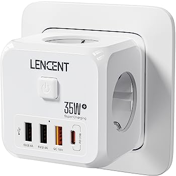 LENCENT Enchufe USB Cubo con Carga Rápida PD35W, Ladron Enchufe 4000W con 3 Tomas de CA, 3 USB y 1 PD35W, Cubo Enchufe Multiple Pared con Interruptor, Cargador USB para Familia, Cocina y Oficina