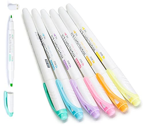 Highlighters, Dual Tip Assorted Colours Highlighter Pens with Chisel Tip, Long-lasting, Ideal for School and Office, No Bleed Dry Fast Easy to Hold, for Bullet Journal, Bible, Notes, 6 Pack