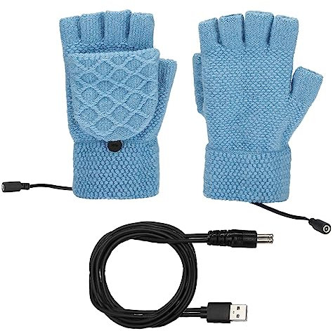 USB-beheizte Handschuhe für Damen und Herren, Doppelseitig Beheizbare, Winterwarme Laptop-Handschuhe mit 3 Temperaturstufen, Abnehmbare Voll- und Halbhandheizung, Fingerloser(blau mit Schalter)
