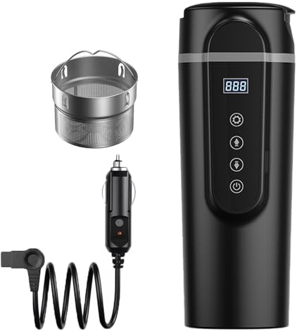Auto Wasserkocher 12V /24V mit Zigarettenanzünder,480ml Wasserkocher für Auto mit Anti-Verschüttungsdeckel Touchscreens Schwarz