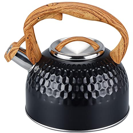 Bouilloire de camping, bouilloires de cuisinière, bouilloire à eau avec sifflet en acier inoxydable noir de 2500 ml avec poignée en bois for cuisinières à gaz, ustensiles de cuisine à induction électr