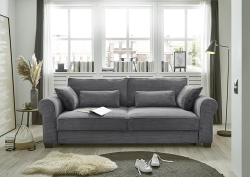 Schlafsofa mit Schlaffunktion und Bettkasten, Cord-Optik, ausziehbar, Modell Angelina, Dunkelgrau, 250 x 95 x 125 cm (B/H/T)