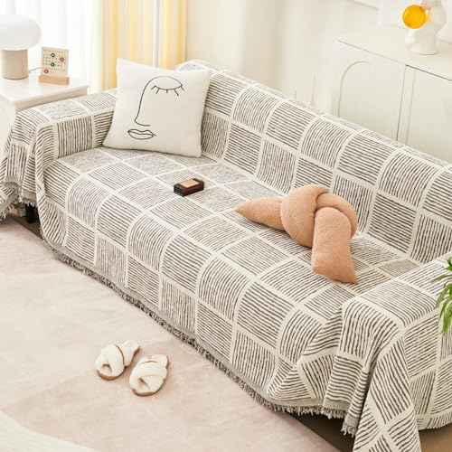 Ayoiow Sofahusse Schlafsofa Bezug Sofa Braun Überzug Sofa 1 Sitzer Chenille Quadrat Und Linienmuster
