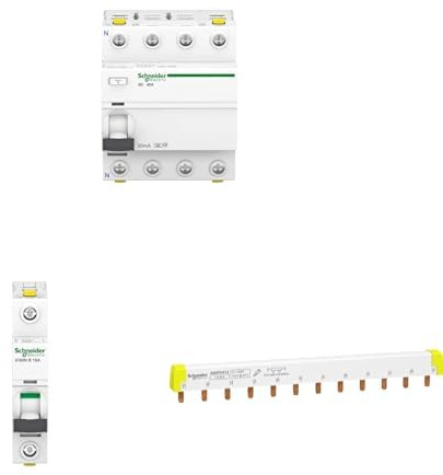 Bundle aus Schneider Electric Fehlerstrom-Schutzschalter IID 4P 40A 30MA TYP A, A9Z21440 + Leitungsschutzschalter IC60N 1P 16A B, A9F03116, 16 Ampere + A9XPH312 Phasenschiene Steg, 3P, 12 TE, 100A