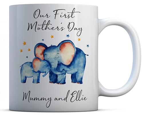 EasyInkPress Taza personalizada de elefante para el primer día de la madre, taza personalizada con nombre para la nueva mamá, taza de café personalizada de cerámica, regalo personalizado para el día